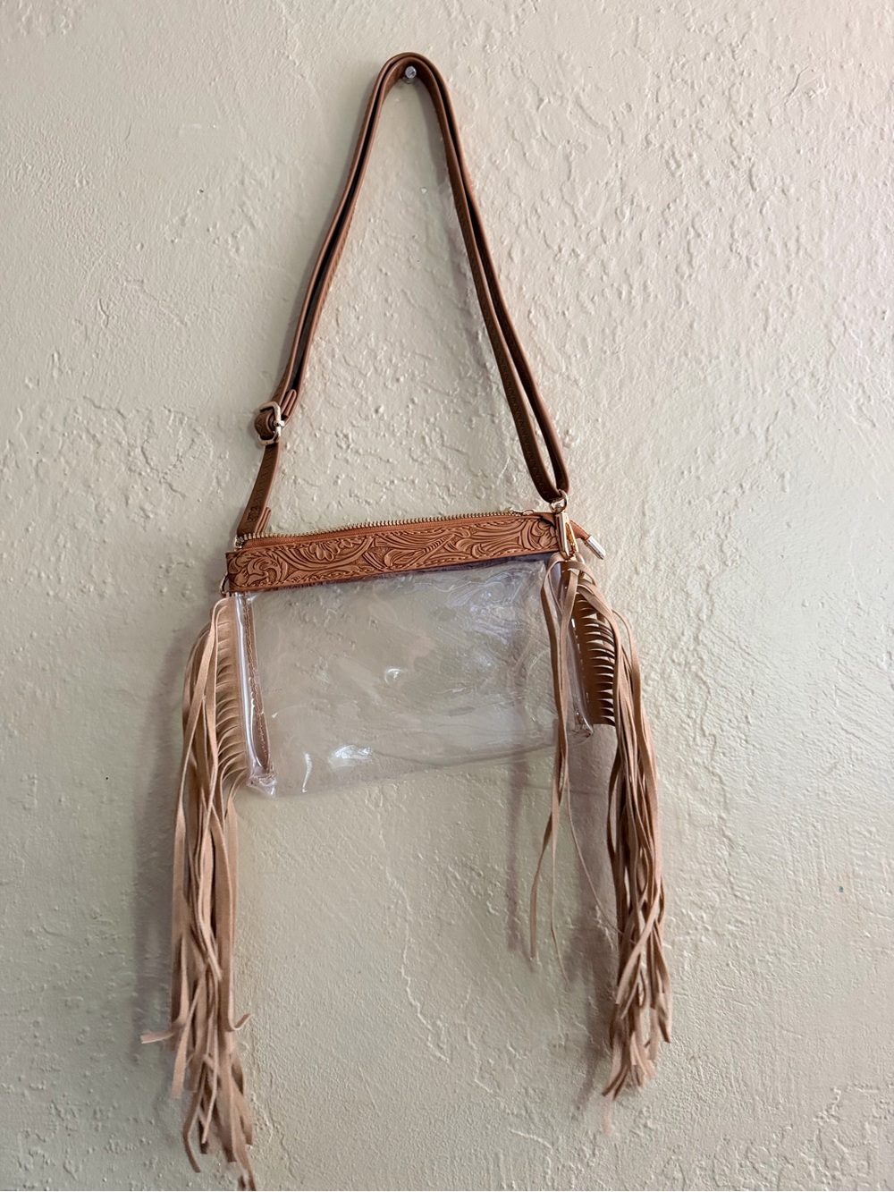 Fringed Clear Crossbody with Tan Leather Trim - Picture 3 of 3